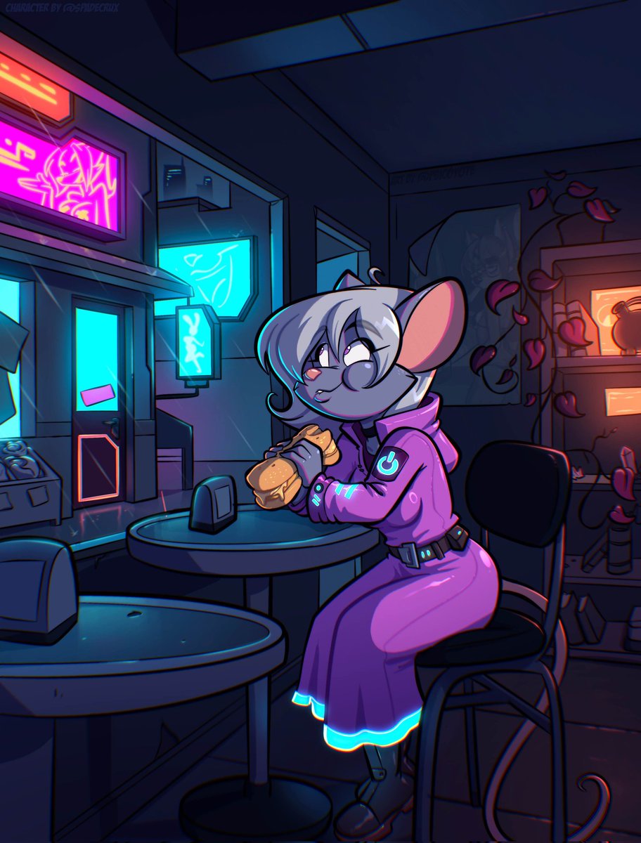 Break at her favorite deli enjoying a cheese Sandwitch, it's been around since the 2020s.

The deli is close by her house, ran by a red fox named Moishe

Thank you <a href="/psicoyote/">Psicoyote</a>