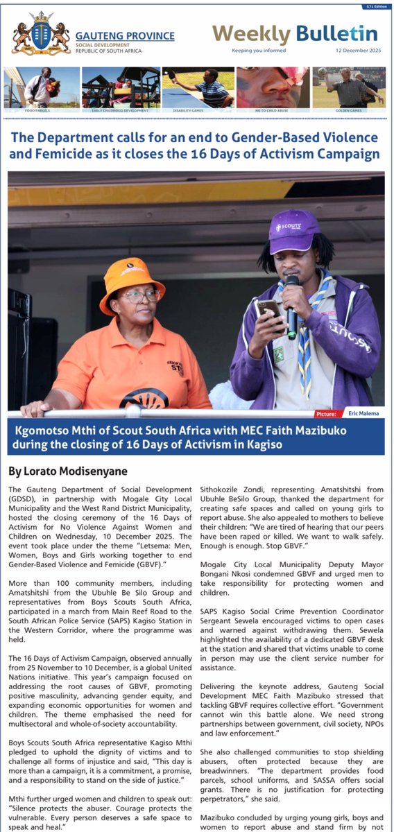 More than 100 community members, including  Amatshitshi  and representatives from <a href="/SAScout/">SCOUTS South Africa</a> participated in a march from Main Reef Road to #Kagiso <a href="/SAPoliceService/">SA Police Service 🇿🇦</a>.

Download our 571 Edition to read more;
gauteng.gov.za/socdev/Publica…

#SocDevOutandAbout #GrowingGautengTogether