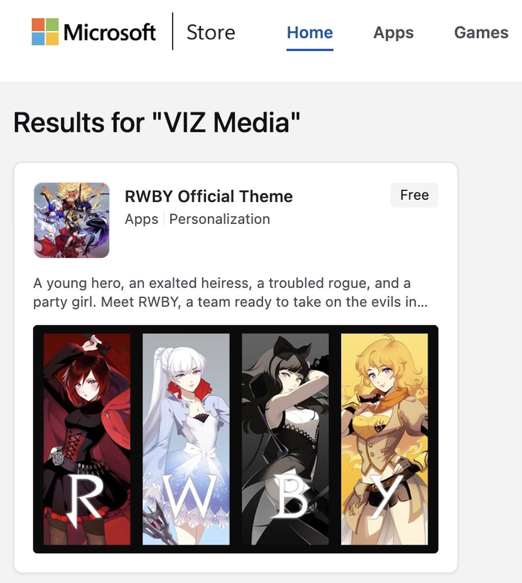 ✨ RWBY wallpapers are now LIVE on Windows! ✨

Head to the <a href="/MicrosoftStore/">Microsoft Store</a> to deck out your PC with brand-new RWBY themes.
Search “RWBY Official Theme” or visit the <a href="/VIZMedia/">VIZ Media</a>  publisher page to bring a little bit of Remnant to your desktop.