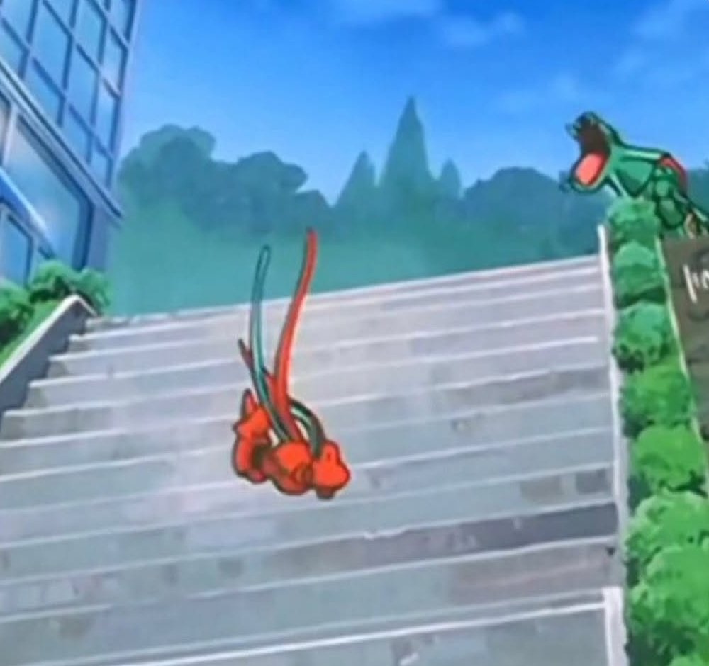 Pokemonshell's tweet image. It looks like Rayquaza is laughing at Deoxys falling down the stairs😳😅