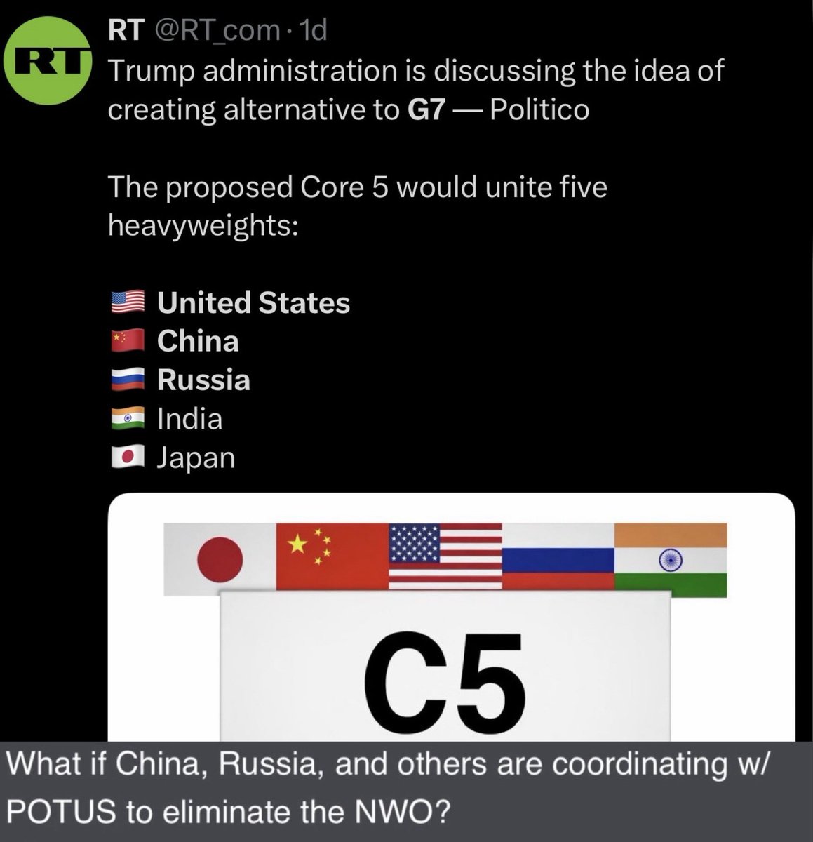 G7 成员国：加拿大、法国、德国、意大利、日本、英国、美国；非正式成员：欧洲联盟(EU)。 G7 成立于1970年代，由“六国 集团”（G6）演变而来，1976年加拿大加入后成为“七国集团” (G7)。 世界过去是被这7个所谓的西方发达国家掌控着，毫无疑问都被DS掌控；  现在的Q 有计划