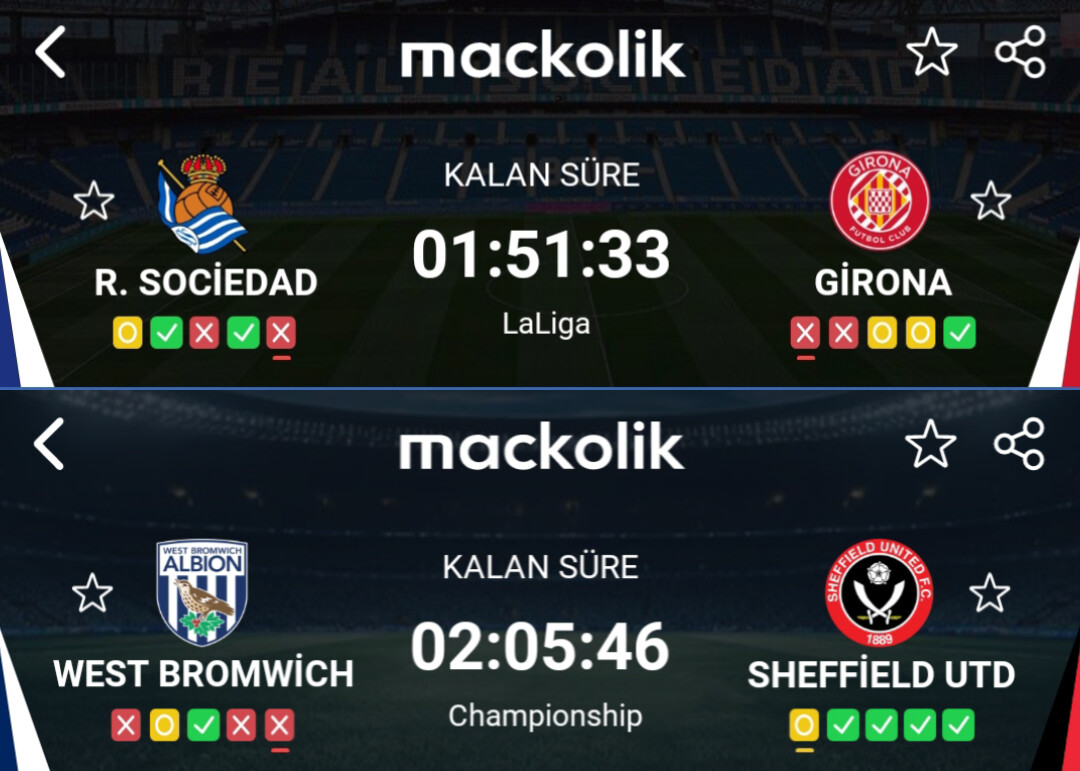 Sociedad maçı 2/1 &amp; 1/2 

W Bromwich maçı 2/1 &amp; 1/2 

Bu iki maçı değerlendirelim. Diğer iki tane 2/1 1/2  ve 6+ maçları bayii grubuna verdim. 

Grup ücretsiz arkadaşlar bayini değiş gruba gel