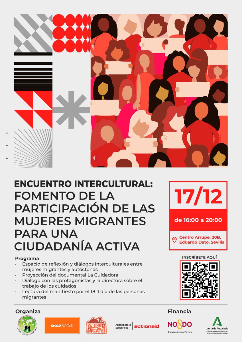💜 Este 17D acudiremos al Encuentro Intercultural por la participación de mujeres migrantes en una ciudadanía activa. 

🗣️ Diálogos, documental La Cuidadora, y manifiesto por el Día de las Personas Migrantes. 

📍Centro Arrupe, Sevilla ✊🏽 

¡Nos vemos allí!

#MujeresMigrantes
