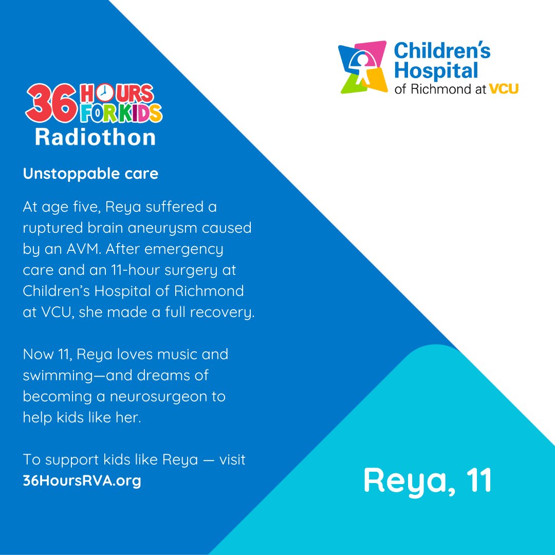 childrensatvcu's tweet image. At age five, Reya suffered a ruptured brain aneurysm caused by an AVM. After emergency care and an 11-hour surgery at #CHoR, she made a full recovery. Now 11, Reya dreams of becoming a neurosurgeon to help kids like her! To support kids like Reya, visit 36HoursRVA.org