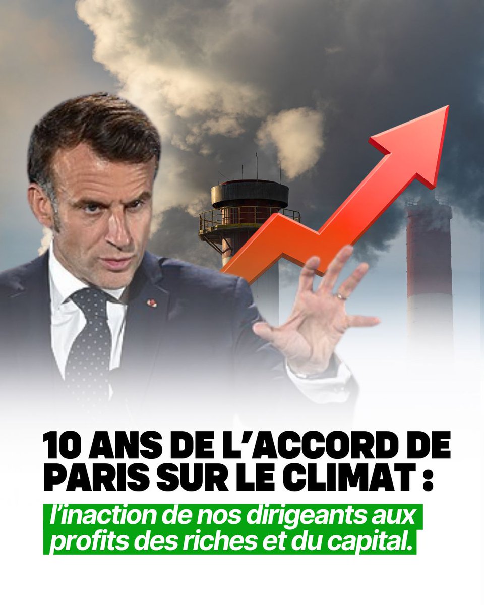 🌍 Dix ans après l’Accord de Paris sur le climat, nos dirigeants protègent les profits des ultra-riches et n'agissent pas.

2024 à été l'année la plus chaude jamais enregistrée.

Les plus pauvres en paient les conséquences.

Vite, la bifurcation écologique !