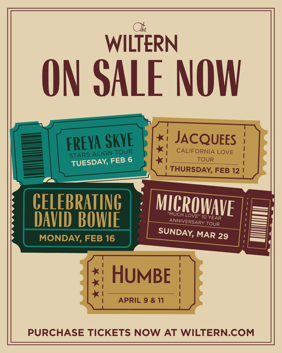 wiltern's tweet image. Get your group chat ready, because we have new shows that just went on sale!

🎤 2/10 - Freya Skye
🎤 2/12 - Jacquees
🎤 2/16 - Celebrating David Bowie
🎤 3/29 - Microwave
🎤 4/9 &amp;amp; 4/11 - Humbe

Get your tickets now! ⤵️
🎫: bit.ly/44kMVZZ