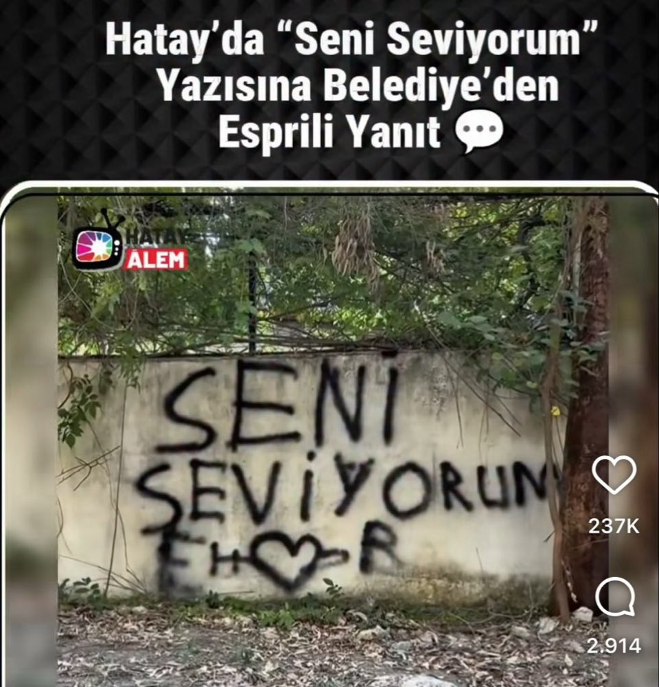 the council in Hatay reacted to this graffiti by leaving a note: “if you love her, go and tell her because we are deleting this now” lmao