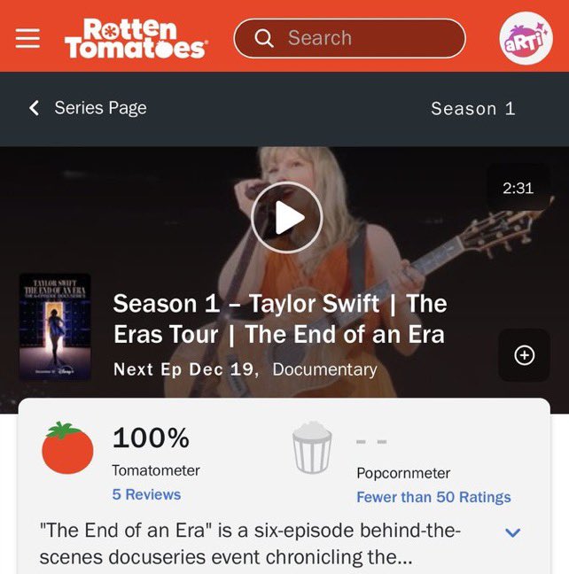 🎬| Taylor Swift’s docuseries, ‘THE END OF AN ERA’, debuts at 100% on Rotten Tomatoes.