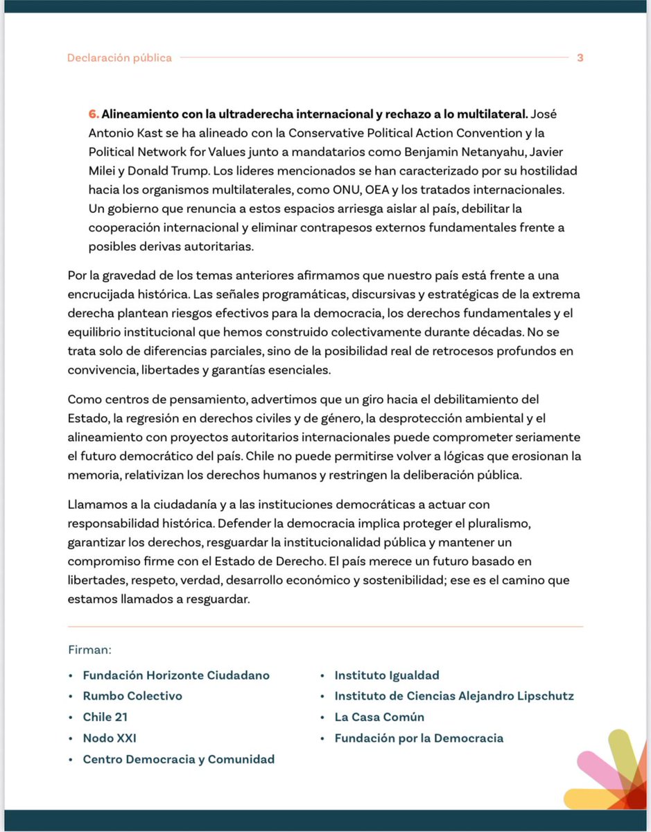 Centros de Pensamiento progresistas advierten los retrocesos en el programa del candidato de ultraderecha.

Sumado a los dichos de Carter de que no dicen como recortarán $, para que no se les paralice el país, habla de peligros reales para la democracia y la calidad de vida de 🇨🇱