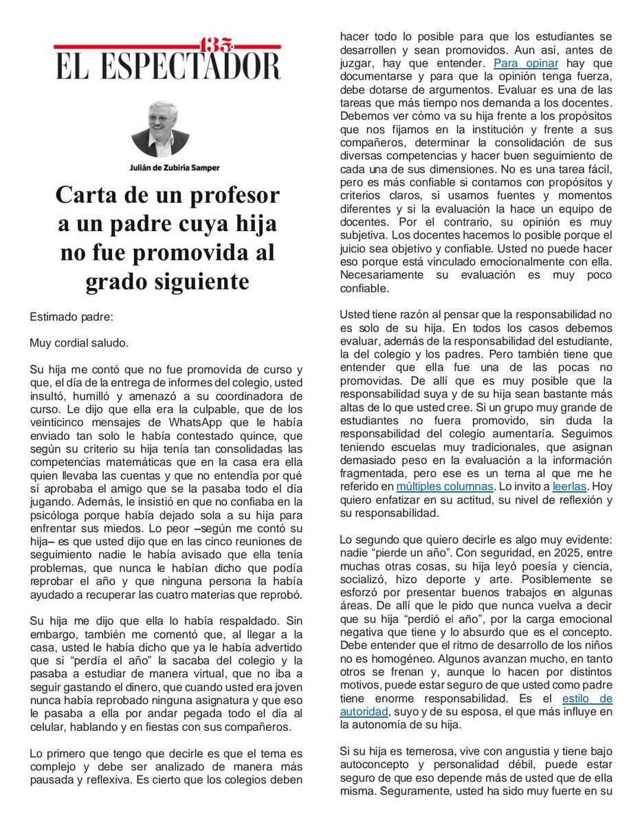 juliandezubiria's tweet photo. Estamos en los colegios en el cierre de año y uno de los temas que se analiza es el de los estudiantes no promovidos. Teniendo en cuenta eso, escribí: “Carta de un profesor a un padre cuya hija no fue promovida al grado siguiente”. Invito a todos los padres y madres a leerla: https://t.co/fcJrgXDVEA