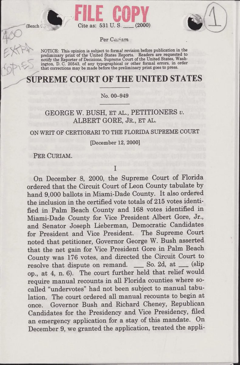 25YearsAgoLive's tweet photo. In a contentious 5-4 vote, the U.S. Supreme Court grants George Bush’s emergency plea to stop future vote recounts in Florida. 

Justices Stevens, Souter, Breyer, and Ginsburg are dissenting. https://t.co/ff8w2OSbEP