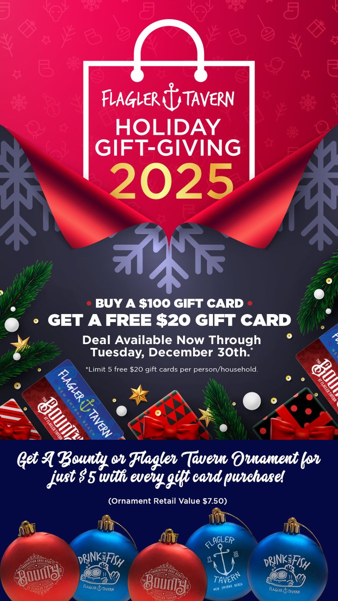 It's prime time Holiday Shopping Season &amp; we have lots of Flagler Tavern Gift Cards! They are available here and online!
BONUS: Buy a $100 Gift Card~Get a $20 Gift Card FREE! 
Don't delay, Santa will be here soon &amp; this deal is only good now - Dec. 30th!