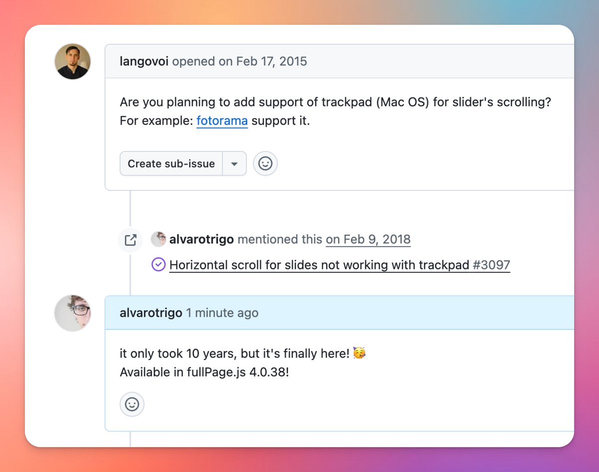No lo puedo creer.
Pero todavía trabajo en fullPage.js después de 12 años.
¡Cerrar asuntos de hace 10 años se siente