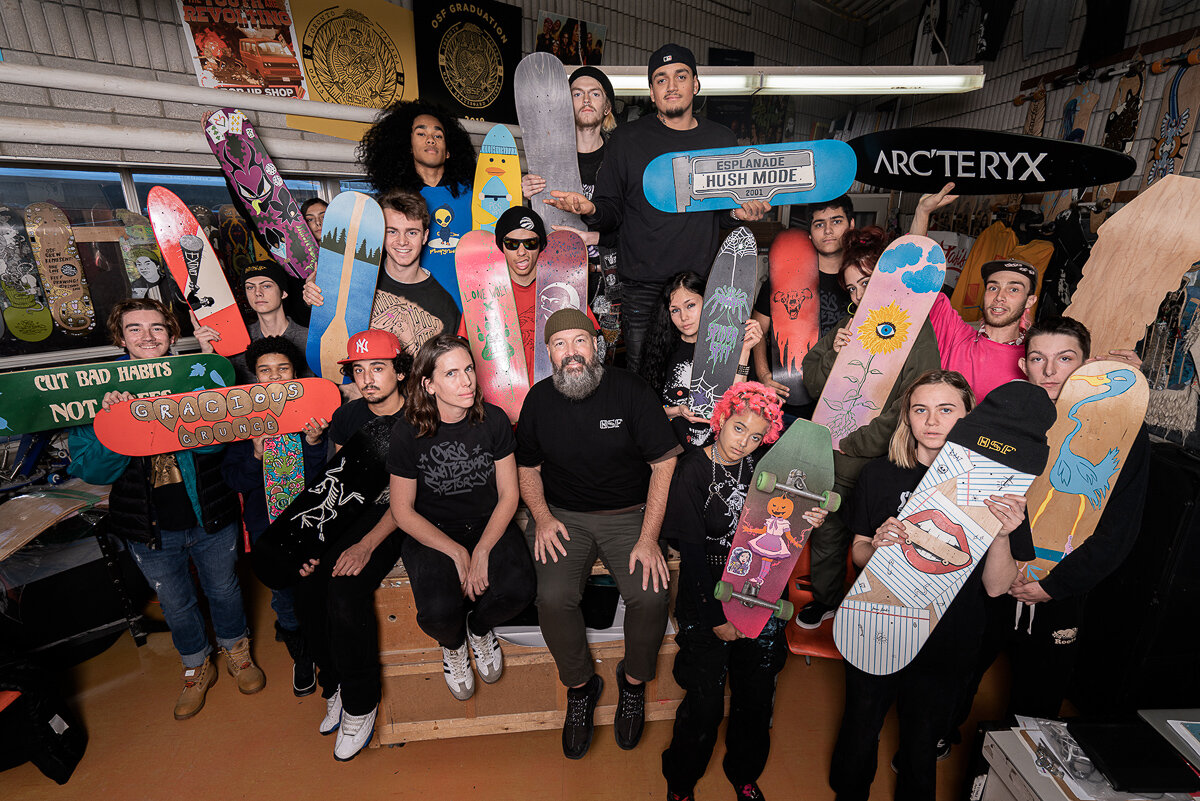 This fall, we partnered with a local school to commission custom decks for <a href="/Shopify/">Shopify</a>'s Toronto office. OSF is an alternative high school where students earn credits (like Art, English &amp; Math) by running their own skateboard brands.
Their triptych depicts a merchant starting a