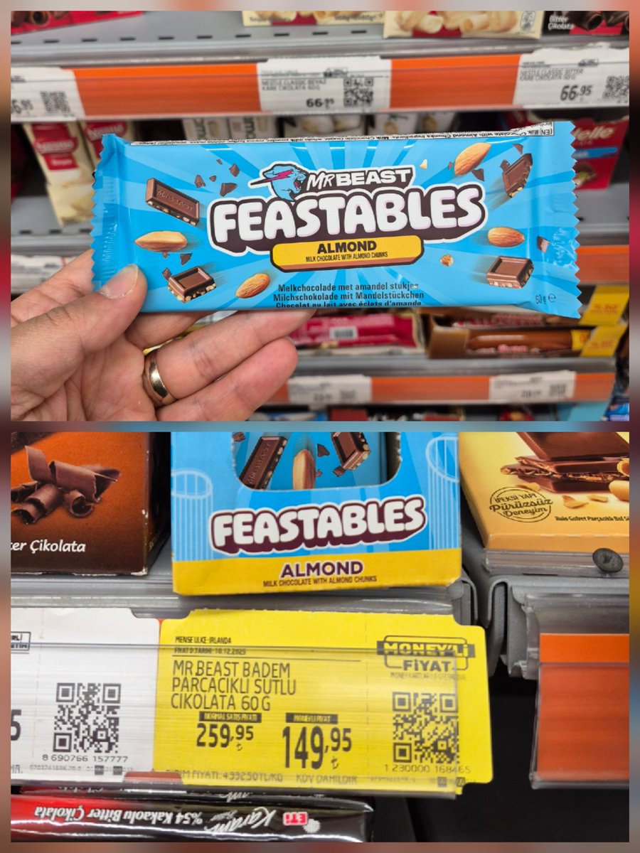 Daha önce Türkiye'de herhangi bir yerde satıldı mı bilmiyorum ama ilk defa Migros'da MrBeast'in Feastables çikolatasını gördüm. <a href="/Migros_Turkiye/">Migros Türkiye</a> <a href="/MrBeast/">MrBeast</a> <a href="/Feastables/">Feastables</a> #Migros #MrBeast #Feastables