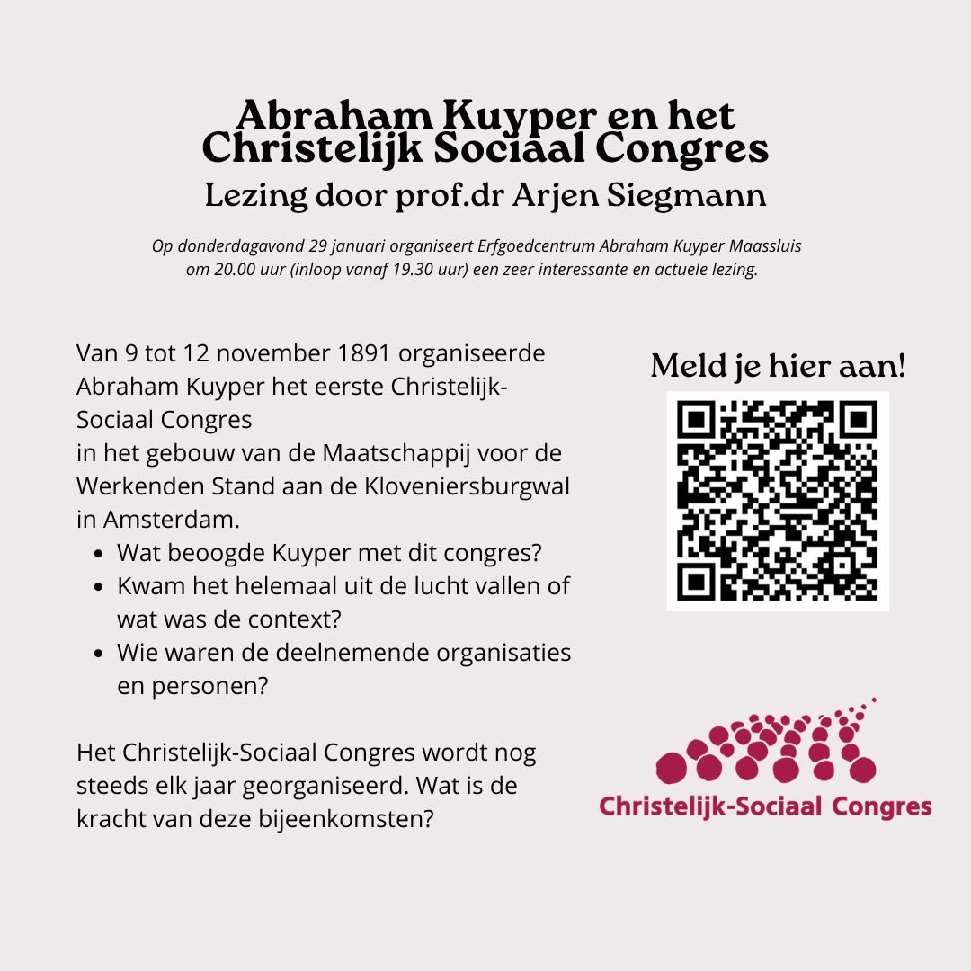 Onze eerste lezing in het nieuwe jaar: donderdagavond 29 januari in Maassluis.
Hoe Abraham Kuyper voor het eerst werkgevers en werknemers aan tafel kreeg. Professor Arjen Siegmann (VU) laat zijn licht hierop schijnen.
⁦<a href="/VUhistoricus/">Universiteitshistoricus VU</a>⁩ 
⁦<a href="/Gem_Maassluis/">Gemeente Maassluis</a>⁩ 
⁦