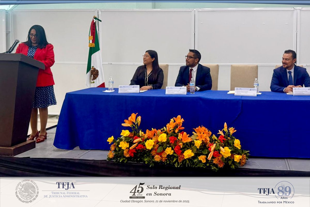 TFJAMexico's tweet photo. Como visitadora y en representación del Mag. Pdte, Guillermo Valls Esponda, acudió la Mag. Hortensia García Salgado de la JGA del TFJA. Además, estuvieron presentes el Mag. David Bustos Pérez (Ponencia III) y la Magda. Luisa López Ramírez (Ponencia II). https://t.co/ffKC8jN1fj