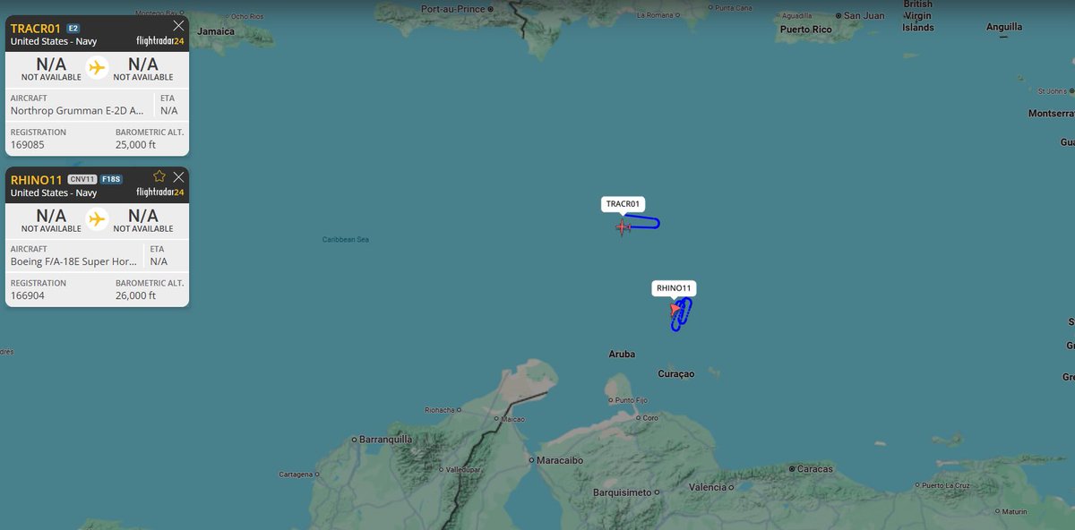 A U.S. Navy E-2D “Hawkeye” Airborne Early Warning and Control (AEW&amp;C) Aircraft, alongside several F/A-18E Super Hornets with Carrier Air Wing Eight (CVW-8), attached to the USS Gerald R. Ford (CVN-78), are currently operating over the Southern Caribbean off the coast of