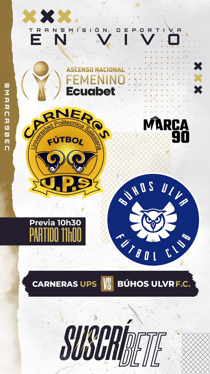 FINAL ÚNICA x #Marca90 | #AscensoNacionalFemeninoEcuabet 

Búhos Uvlr 🆚 Carneras UPS
🗓️ sábado 13 de diciembre
⏰ 10h30
🏟️ Estadio Fernando Guerrero | Riobamba
🖥️ Marca90 | YouTube | Facebook
🎤 Luis Eduardo Jacome | Gabriela Jurado | Ramón Morales

Mírala aquí: