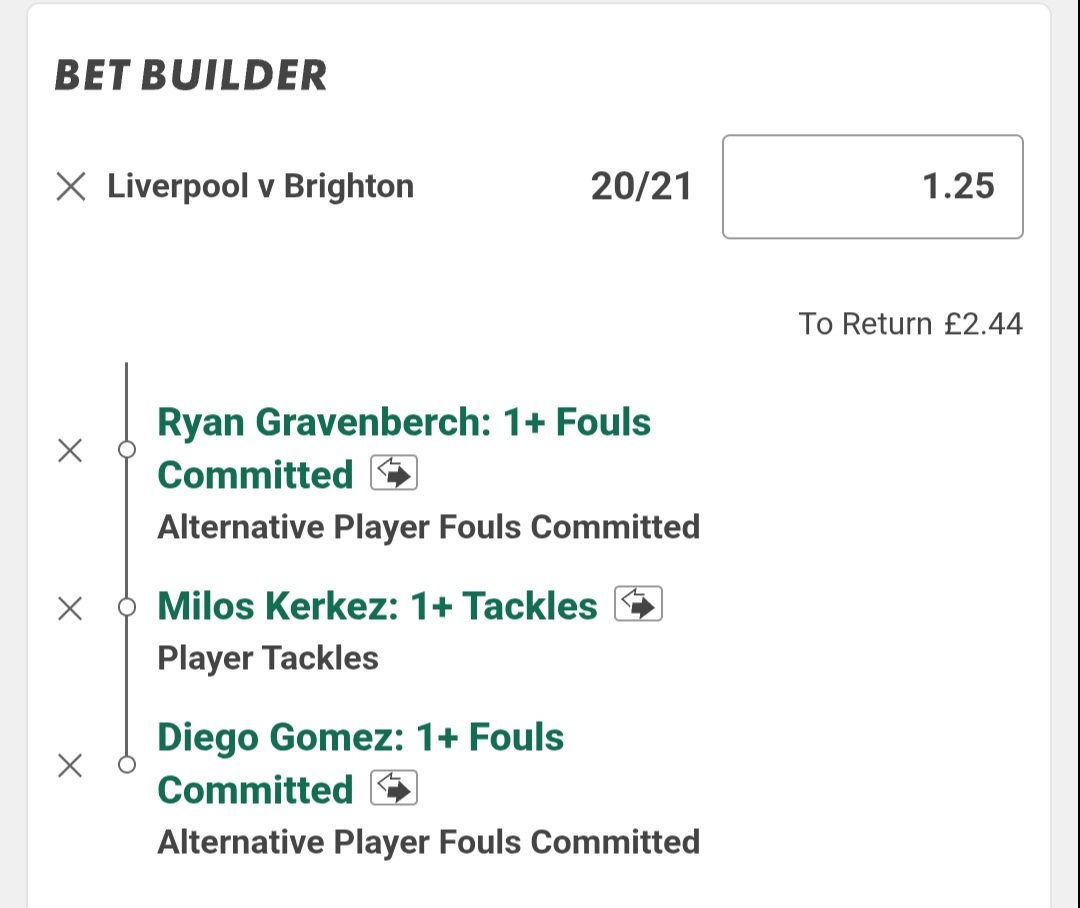 Billys_Bets's tweet image. 🏴󠁧󠁢󠁥󠁮󠁧󠁿 Liverpool v Brighton
💰Units in slip
📖 Bet365

Gomez foul machine &amp;amp; Liverpool central midfield good for drawing fouls

Grav v Rutter is the match up angle &amp;amp; Kerkez very good tackle record &amp;amp; up against Minteh is a strong pairing