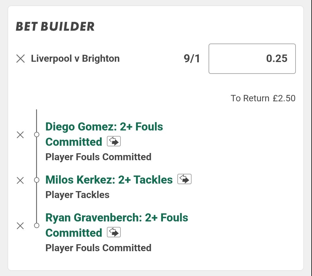 Billys_Bets's tweet image. 🏴󠁧󠁢󠁥󠁮󠁧󠁿 Liverpool v Brighton
💰Units in slip
📖 Bet365

Gomez foul machine &amp;amp; Liverpool central midfield good for drawing fouls

Grav v Rutter is the match up angle &amp;amp; Kerkez very good tackle record &amp;amp; up against Minteh is a strong pairing