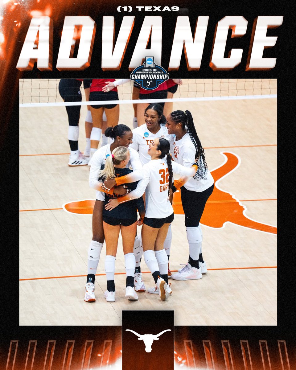 NCAAVolleyball's tweet image. THE LONGHORNS ARE PLAYING ON 🤘

(1) @TexasVolleyball sweeps (4) Indiana to advance to the Regional Final!

#NCAAWVB