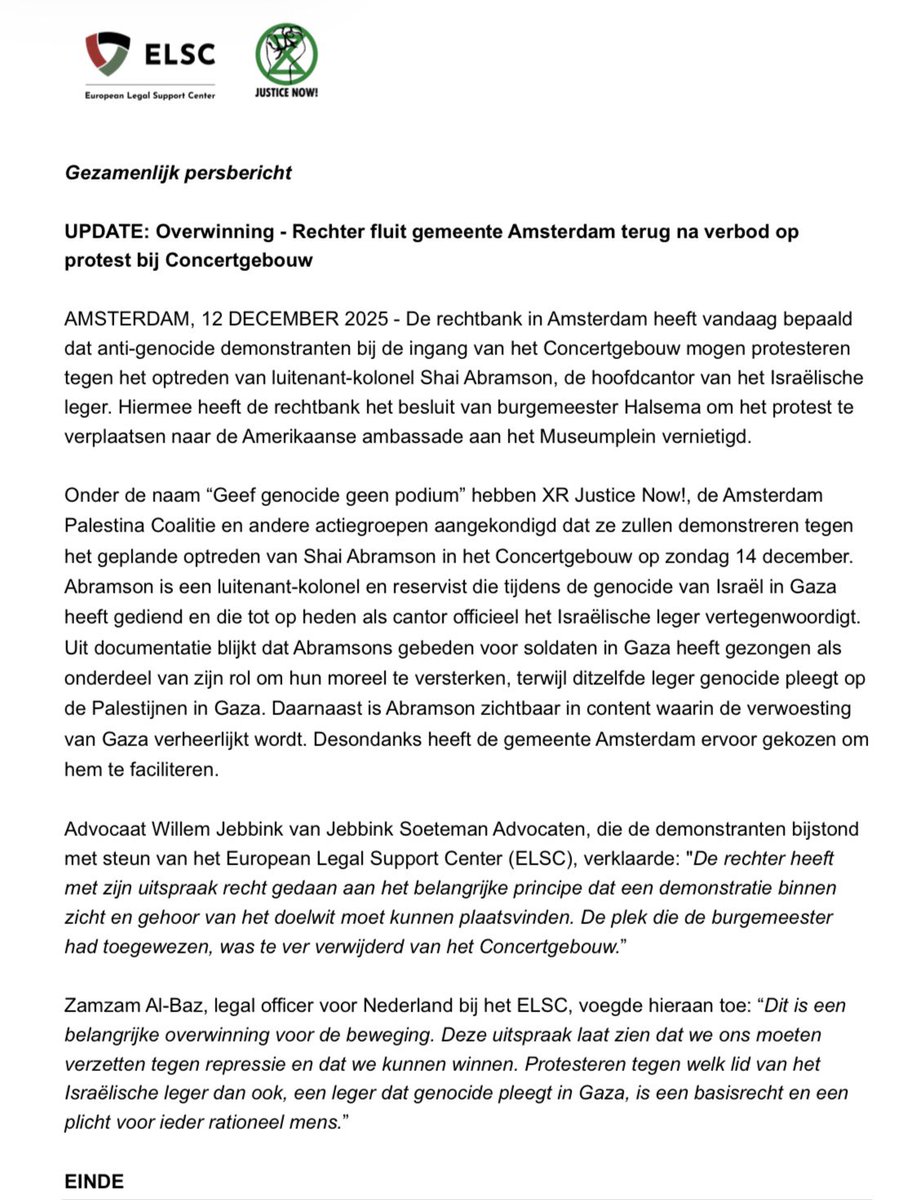 UPDATE persbericht Justice NOW / ELSC

Overwinning - Rechter fluit gemeente Amsterdam terug na verbod op protest bij Concertgebouw

Uit documentatie blijkt dat Abramsons gebeden voor soldaten in Gaza heeft gezongen als onderdeel van zijn rol om hun moreel te versterken, terwijl