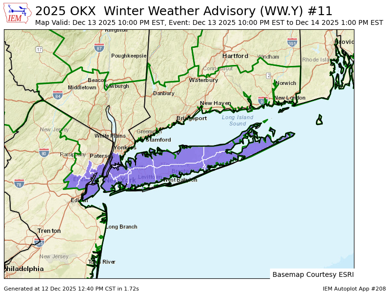 iembot_okx's tweet image. OKX issues Winter Weather Advisory valid at Dec 13, 10:00 PM EST till Dec 14, 1:00 PM EST mesonet.agron.iastate.edu/vtec/f/2025-O-…
