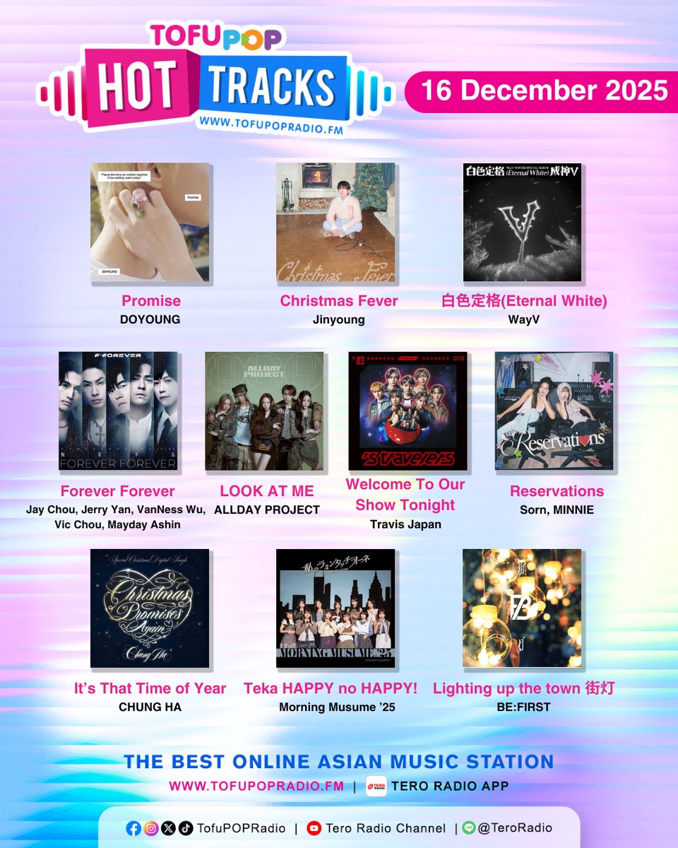 TofuPopRadio's tweet photo. #TofuPOPHotTracks แนะนำเพลงเอเชี่ยนสุดฮอตประจำสัปดาห์ จัดเต็ม 10 เพลงมาแรง!
🔥 Promise #DOYOUNG
🔥 Christmas Fever #Jinyoung
🔥 白色定格(Eternal White) #WayV
🔥 Forever Forever #JayChou #JerryYan #VanNessWu #VicChou #MaydayAshin
🔥 LOOK AT ME #ALLDAYPROJECT
🔥 Welcome To Our Show Tonight #TravisJapan
🔥 Reservations #Sorn #MINNIE
🔥 It’s That Time of Year #CHUNGHA
🔥 Teka HAPPY no HAPPY! #MorningMusume25
🔥 Lighting up the town 街灯 #BEFIRST
💿 ติดตามฟังทุกเพลงได้ที่ https://t.co/4aJdIwQBvk
📱 และ #TeroRadio App
#TofuPOPRadio