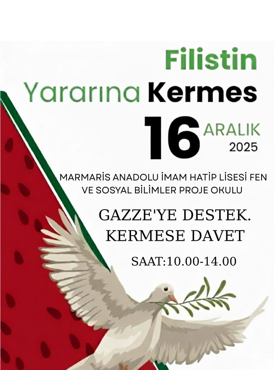 Filistin Gazze’deki Kardeşlerimize Destek İçin Düzenleyeceğimiz Bu Anlamlı Kermes Etkinliğimize Tüm Halkımızı Davet Ediyoruz.⁦<a href="/meb_dinogretimi/">MEB Din Öğretimi Genel Müdürlüğü</a>⁩ ⁦<a href="/mugla_mem/">Muğla İl Millî Eğitim Müdürlüğü</a>⁩ ⁦<a href="/MarmarisMem/">Marmaris İlçe Millî Eğitim Müdürlüğü</a>⁩