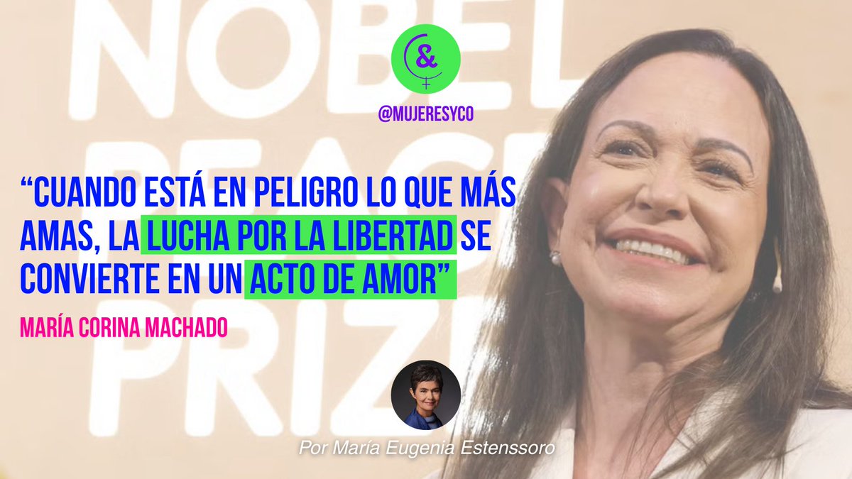 No es solo un premio #NobelDeLaPaz , es el gesto que confirma, ante los ojos del mundo, la persistencia de una lucha que el poder intentó borrar con persecución, exilio y terror.
🔗 Leé a <a href="/estenssorome/">María Eugenia Estenssoro</a> en: open.substack.com/pub/mujeresyco…
#Venezuela <a href="/MariaCorinaYA/">María Corina Machado</a> #Libertad #DDHH