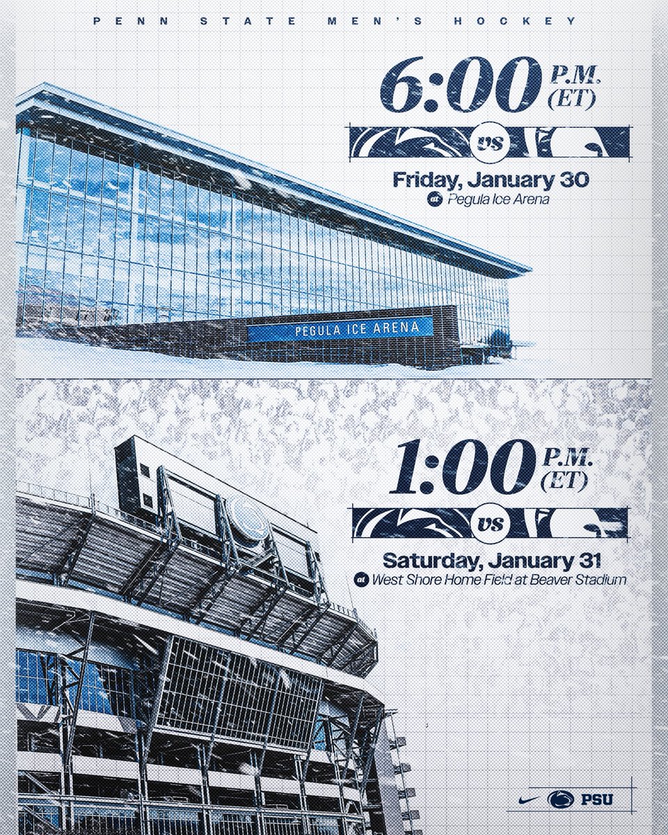 🚨 GAME TIME ALERT 🚨 

JUST ANNOUNCED: Puck drop times for our series against Michigan State in January‼️

Friday, January 30 | Pegula Ice Arena | 6 p.m.

Saturday, January 31 | Beaver Stadium | 1 p.m.

🎟️ gopsu.us/BeaverStadiumH…

#WeAre #HockeyValley
