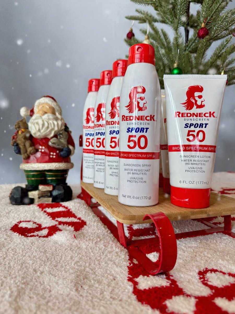 CompanyRedneck's tweet photo. SANTA’S COMING…SANTA’S COMING…SANTA’S COMING. 

He’s bringing a broad spectrum SPF 50 sunscreen that is on top of everyone’s holiday wishlist—Redneck Sunscreen. 

#santa #holiday #holidayseason #merrychristmas #sunscreen #rednecksunscreen https://t.co/UOLESTQyjR