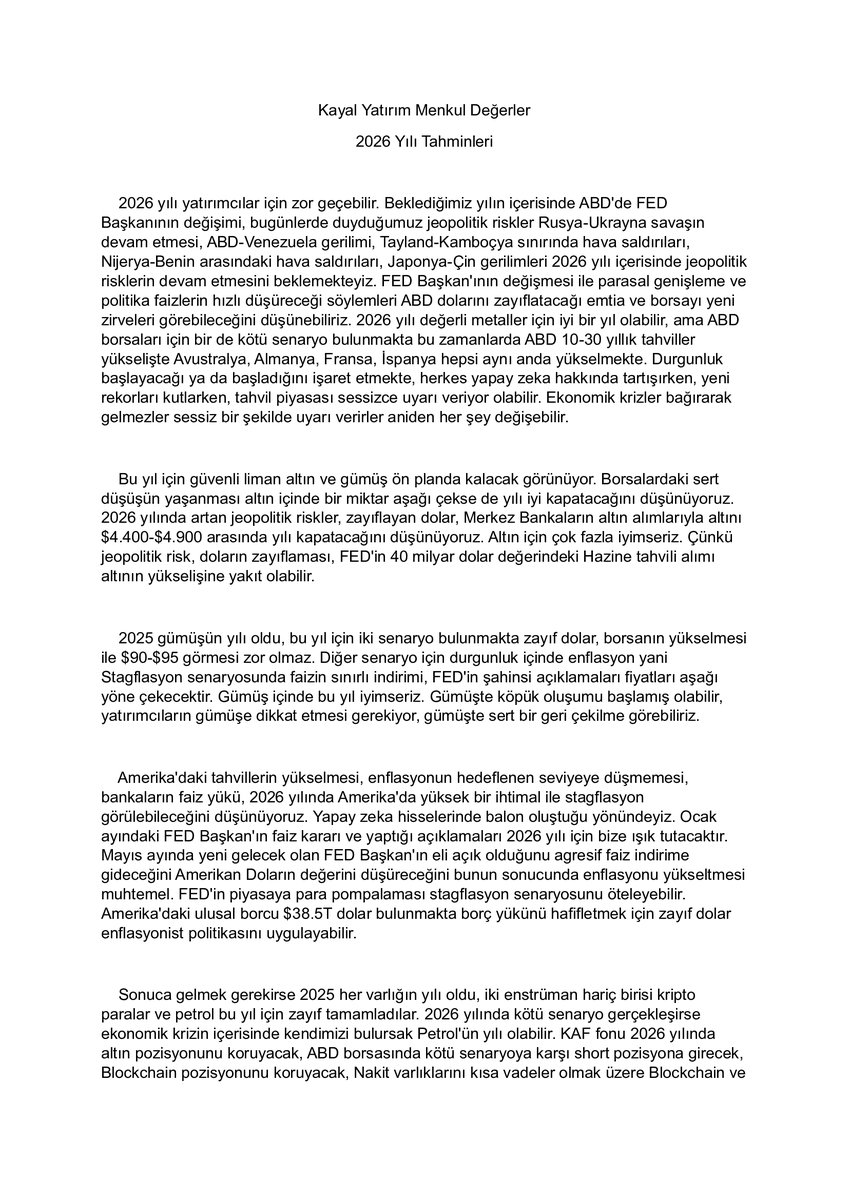 Kayal_Portfoy's tweet photo. 2026 yılı küresel piyasalar için kritik olabilir.
Kayal Yatırım Menkul Değerler olarak yayınladığımız raporda değerli metallerde güçlü bir yıl, ABD borsalarında olası düzeltme ve stagflasyon riskine karşı pozisyonlanmış KAF fon stratejimizi paylaştık.
🎯YTD Hedef kârlılık: %58,29 https://t.co/vNvSJ866GI