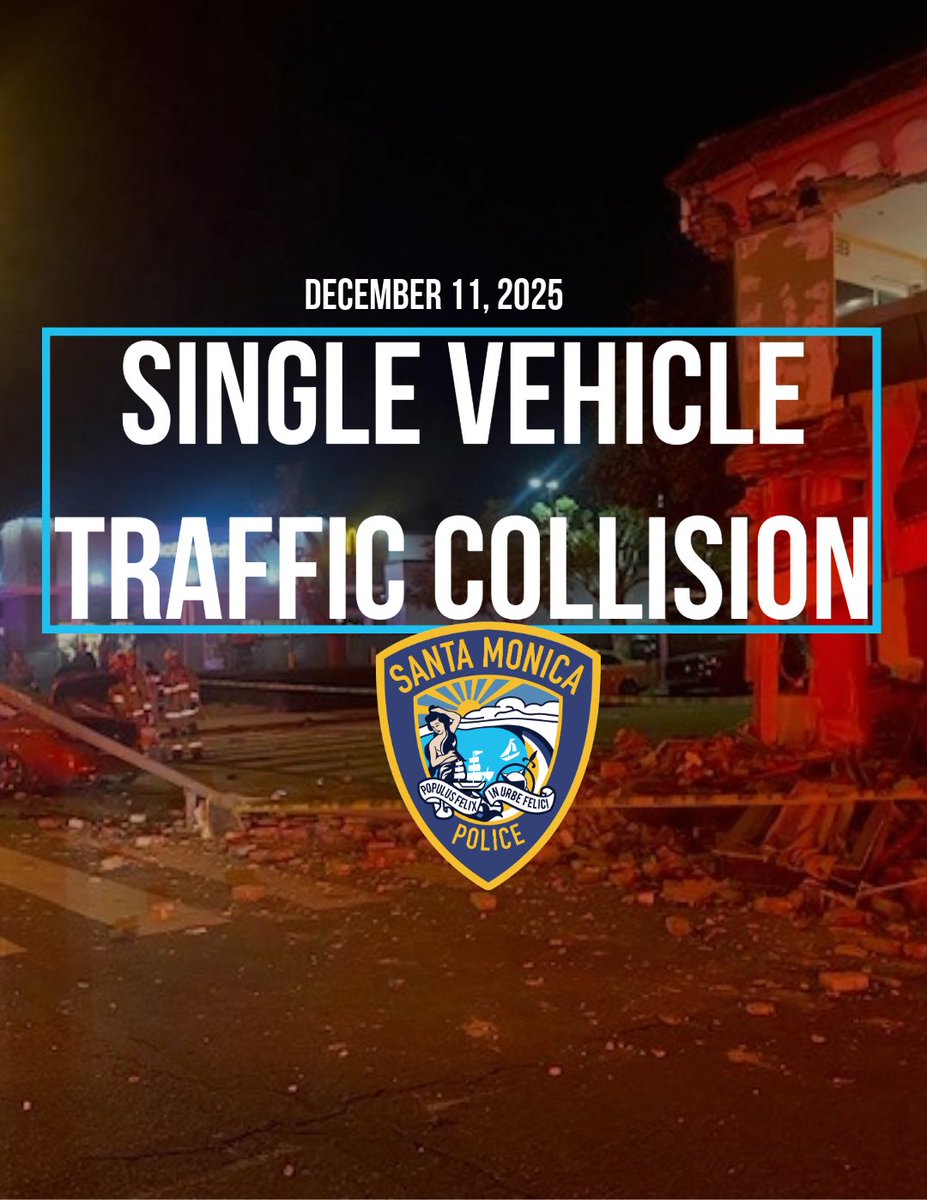 On Thursday, December 11, 2025, at approximately 11:21 p.m., the Santa Monica Police Department responded to reports of a single vehicle traffic collision into a building in the 2600 block of Santa Monica Boulevard.

Officers arrived to find a vehicle that had struck a two-story