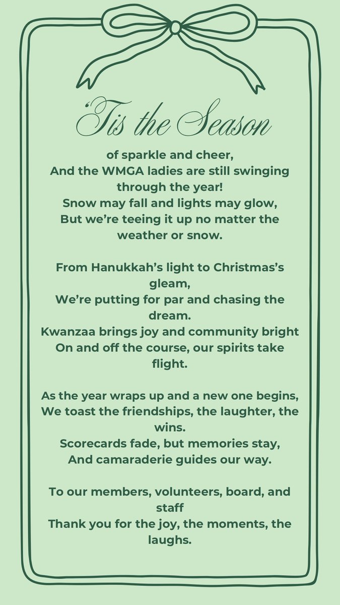 WMGA1899's tweet photo. Swinging through the season with gratitude. 💚⛳
Thank you to our WMGA community for the joy, memories &amp; camaraderie this year.
Happy Holidays! ❄️✨
#WMGA #GolfCommunity https://t.co/rncFwn2ORZ
