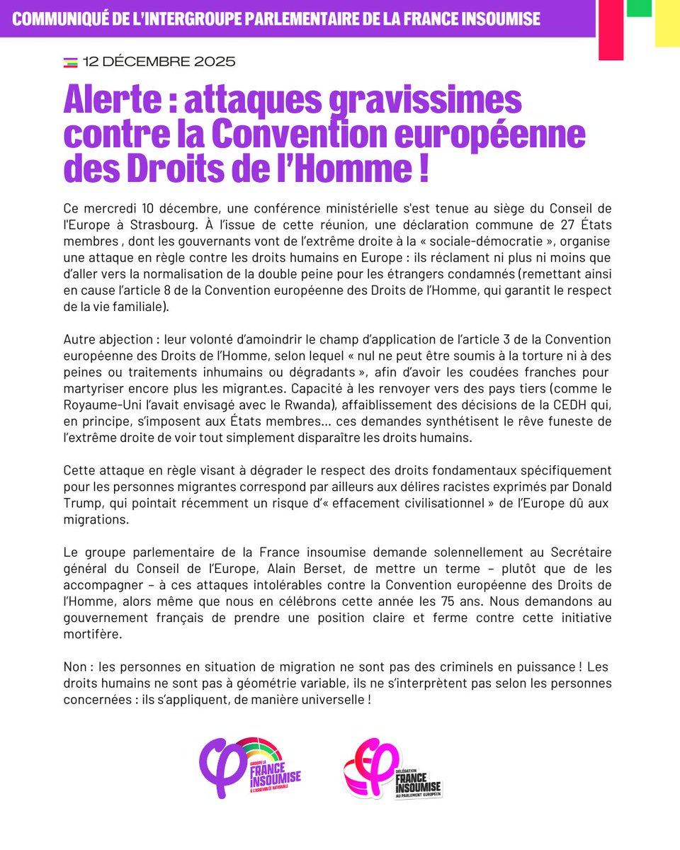 FiAssemblee's tweet image. 🔴📄 Alerte : attaques gravissimes contre la Convention européenne des Droits de l’Homme !

Les droits humains ne sont pas à géométrie variable, ils ne s’interprètent pas selon les personnes concernées : ils s’appliquent, de manière universelle !

➡️ Communiqué de l'intergroupe…