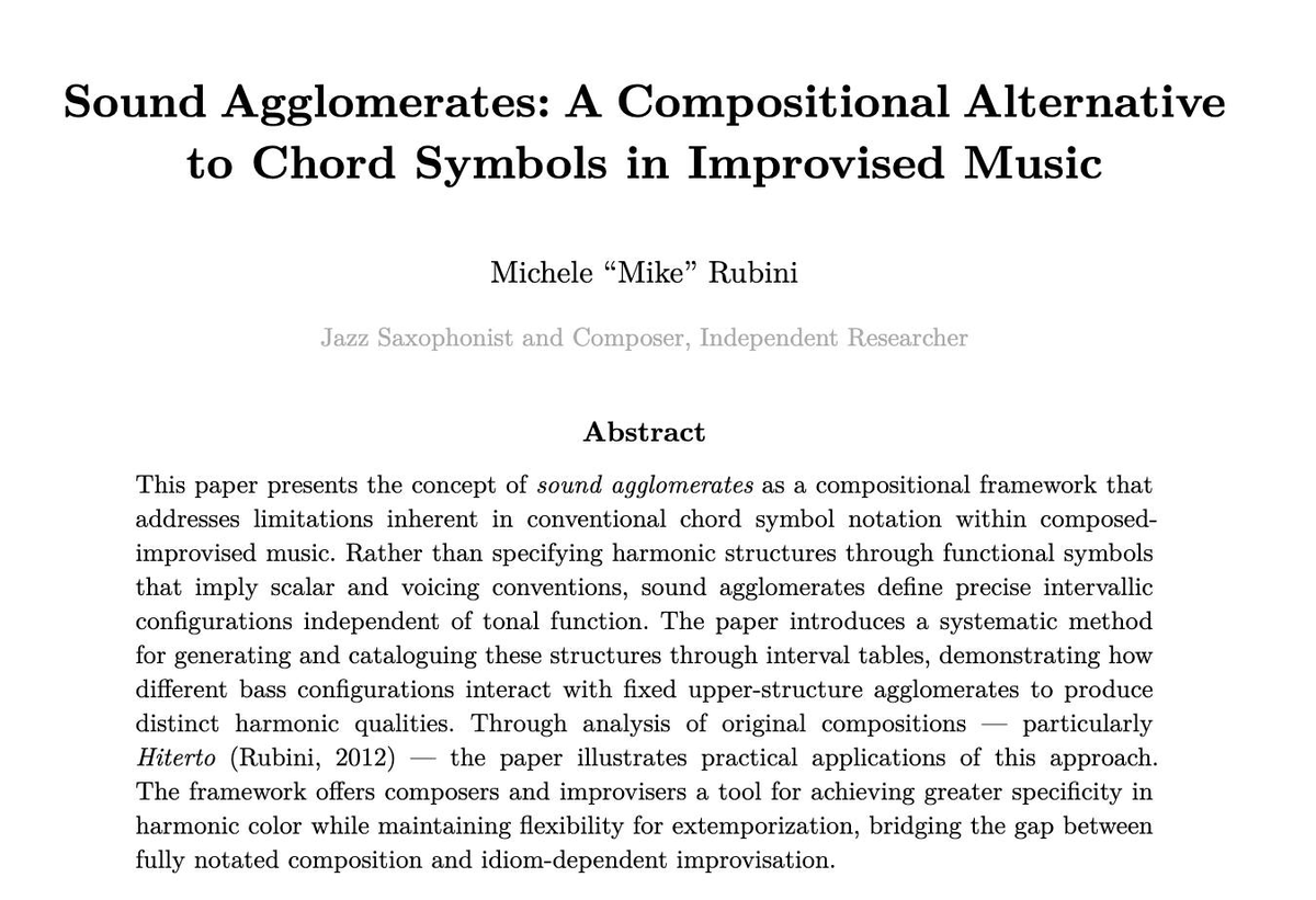 我发表了一篇论文(我的第一篇!),主题是声音聚合体,这是我为即兴音乐而开发的一种作曲框架,作为和弦符号的替代方案。
其理念是:与其写成“Cmaj7#11”让演奏者默认使用熟悉的和弦,不如从下往上指定精确的音程结构。音高相同,但和弦构成才是