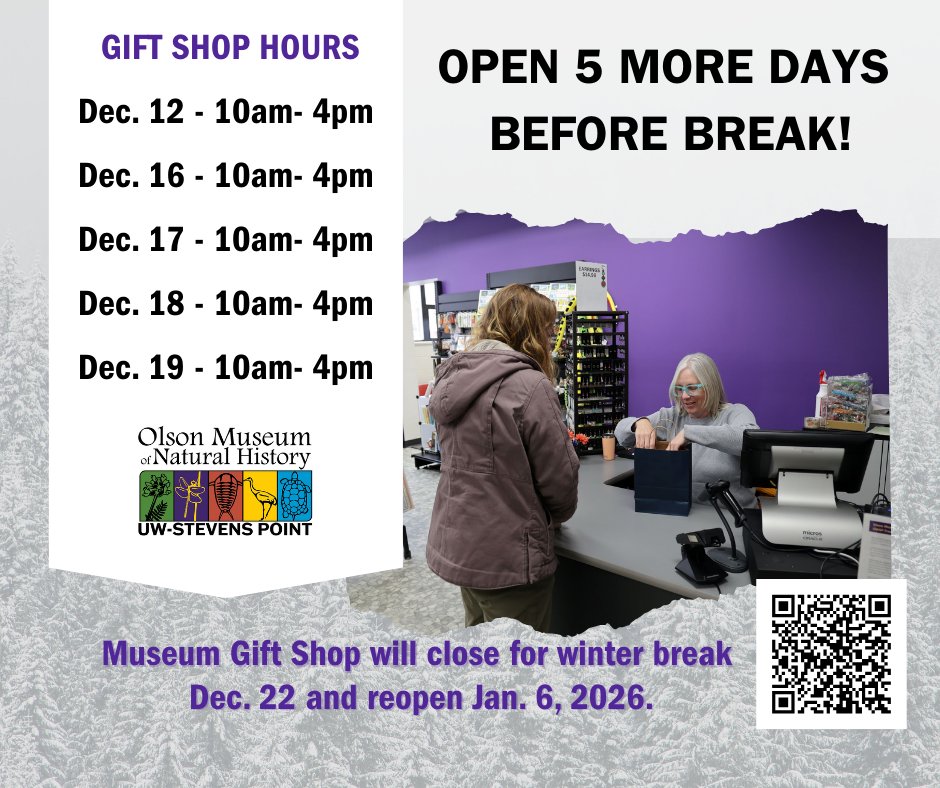 Friends, there is still time to visit the <a href="/UWSPMuseum/">UWSP Museum</a> gift shop before the holidays!  Located in main lobby of the #UWSP Science Building, A Wing.
uwsp.edu/.../college-of…