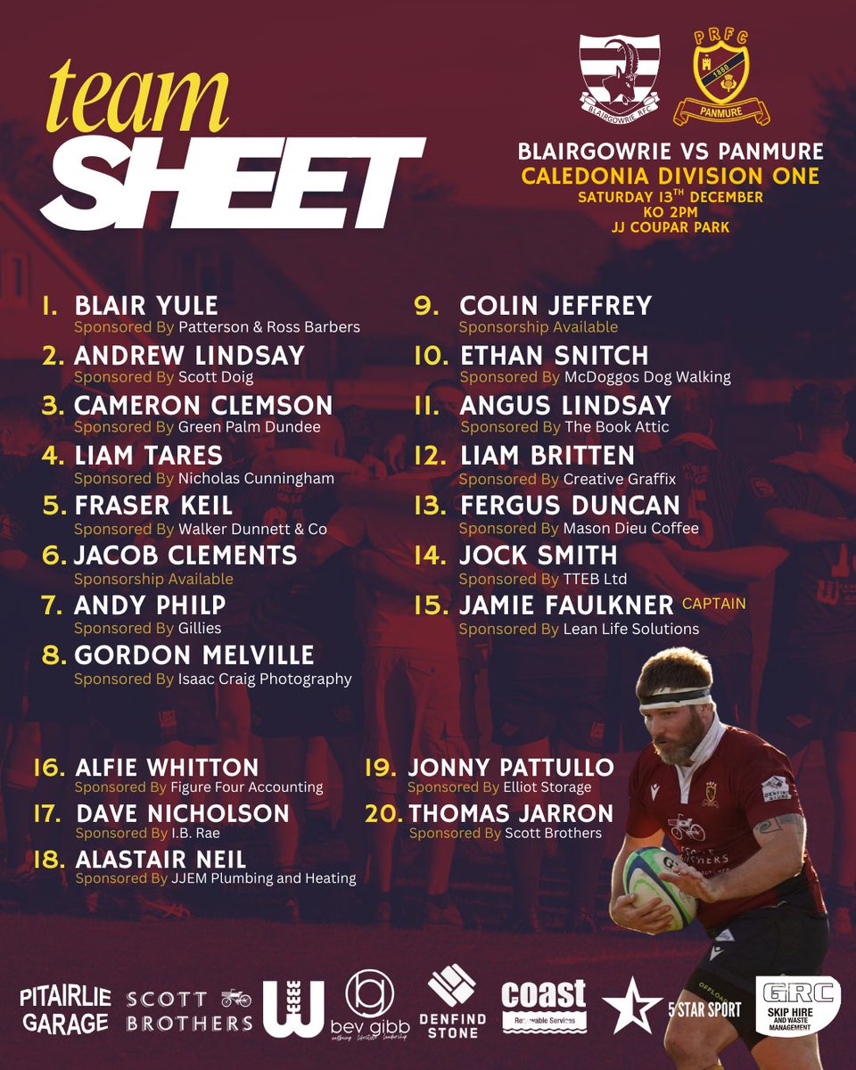 PanmureRFC's tweet photo. Panmure team for tomorrows league clash away to Blairgowrie. Last game of 2025 for the lads. 

Would be great to see a strong travelling support cheering on the team looking to finish the year on a high. 

KO 2pm at JJ Coupar Park, Blairgowrie.

#PlayUpPanmure https://t.co/7lNReRhHt3