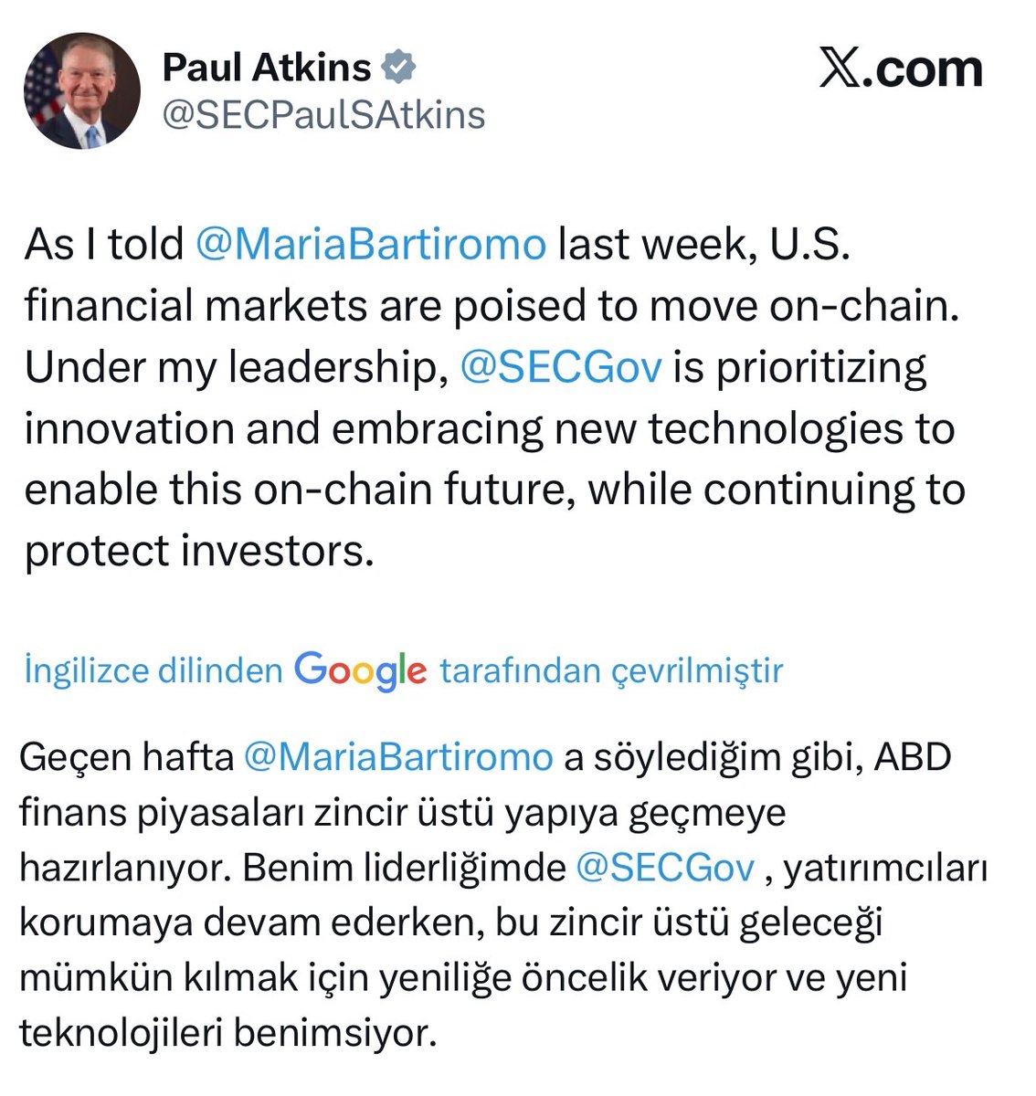 SEC başkanı finans piyasalarının zincir üstüne geçmeye hazırlandığını söyledi. 

Bu gelişmeler gerçekten henüz fiyata yansımamış olsada tarihe geçme potansiyeline sahip.