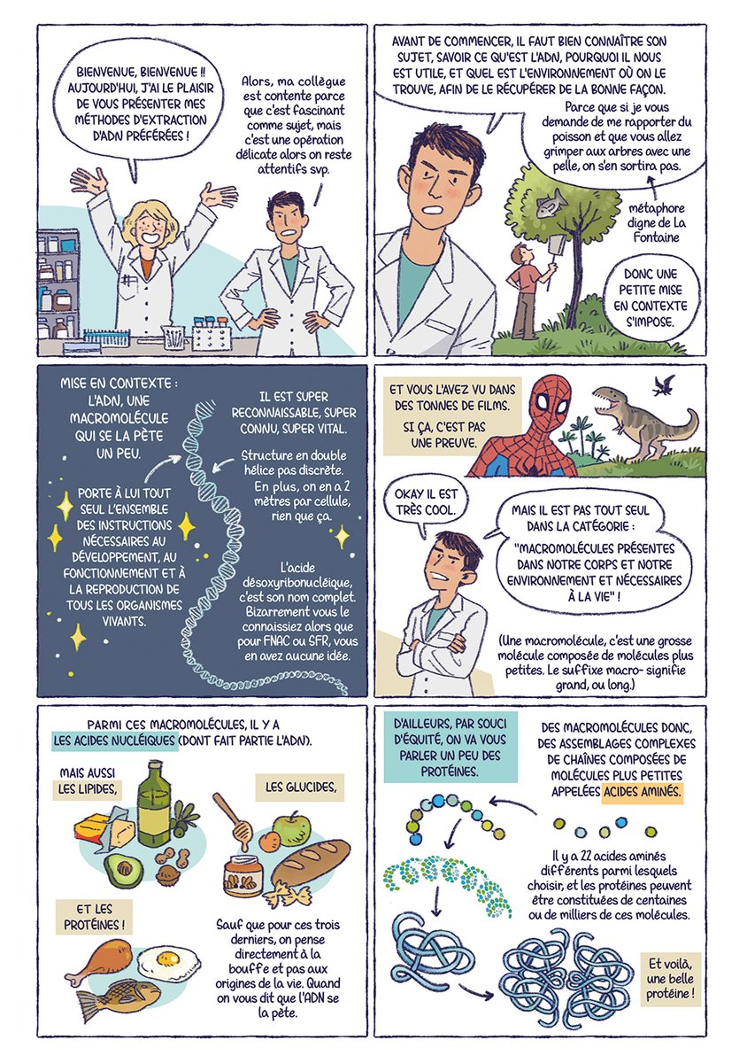 MorganeVelten's tweet photo. La nouvelle BD collective de L'Épicerie Séquentielle est sortie et  s'appelle Rue des Sciences. J'y ai réalisé 12 pages de BD, décrivant la  manière dont on extrait l'ADN d'une cellule, avec Nathalie Vesselier ! 🧬🔬🧪 En voici les 12 premières cases, c'est à dire l'introduction. https://t.co/nGkwW9gsYz