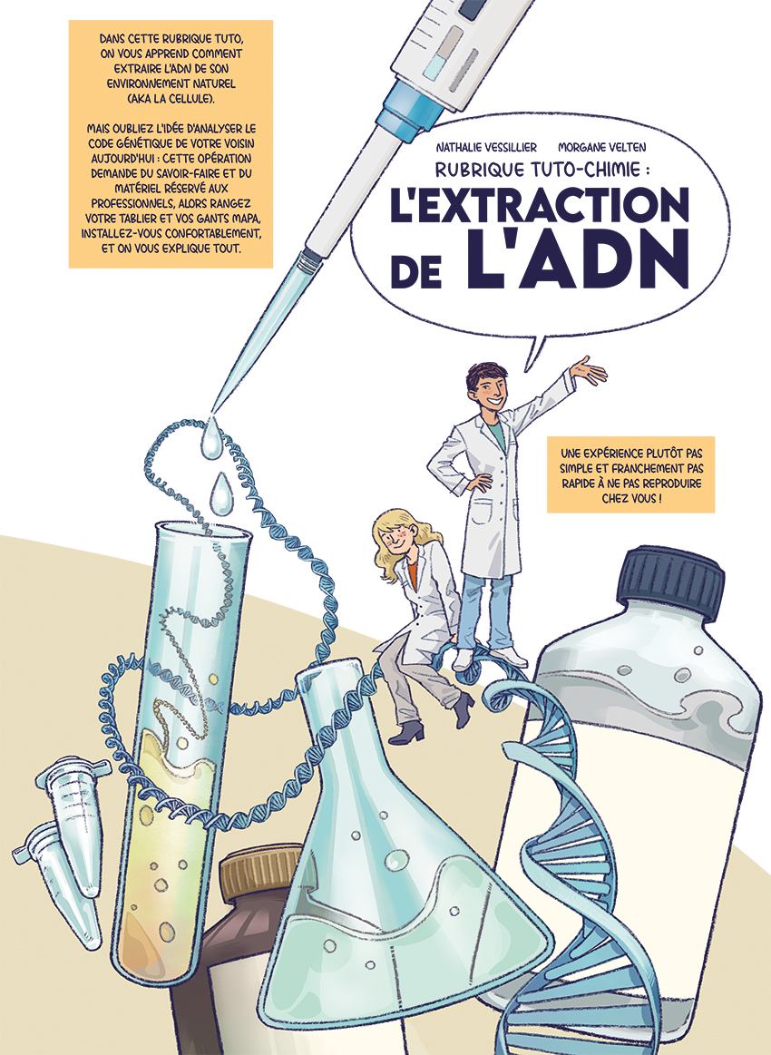 MorganeVelten's tweet photo. La nouvelle BD collective de L'Épicerie Séquentielle est sortie et  s'appelle Rue des Sciences. J'y ai réalisé 12 pages de BD, décrivant la  manière dont on extrait l'ADN d'une cellule, avec Nathalie Vesselier ! 🧬🔬🧪 En voici les 12 premières cases, c'est à dire l'introduction. https://t.co/nGkwW9gsYz