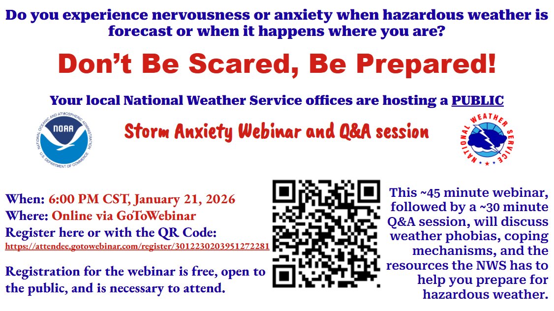 We are hosting a FREE webinar for those who have nervousness or worries when it comes to the weather. We invite the public (all ages) to join us online to learn how to prepare for weather, its uncertainties, and what resources are available! Afterwards, we'll hold a Q&amp;A session!