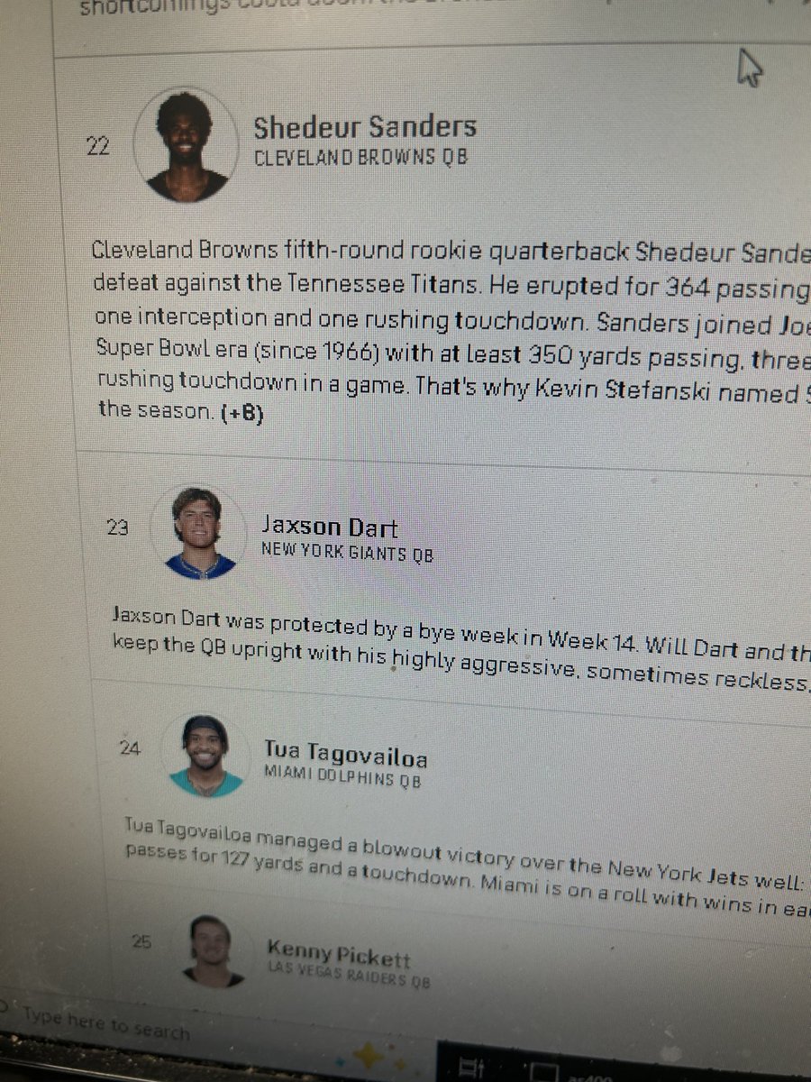 sweetlou43's tweet photo. @firstroundmock Well for what its worth ,CBS power rankings has Sanders ranked at #22 above other QB rookies 1st rd 25th overall Jaxson Dart #23, Cam Ward #1overall ranked 28th ..Sanders originally projected drafted top 5, drafted in 5th rd 🤔 https://t.co/fnTL3VoTNK