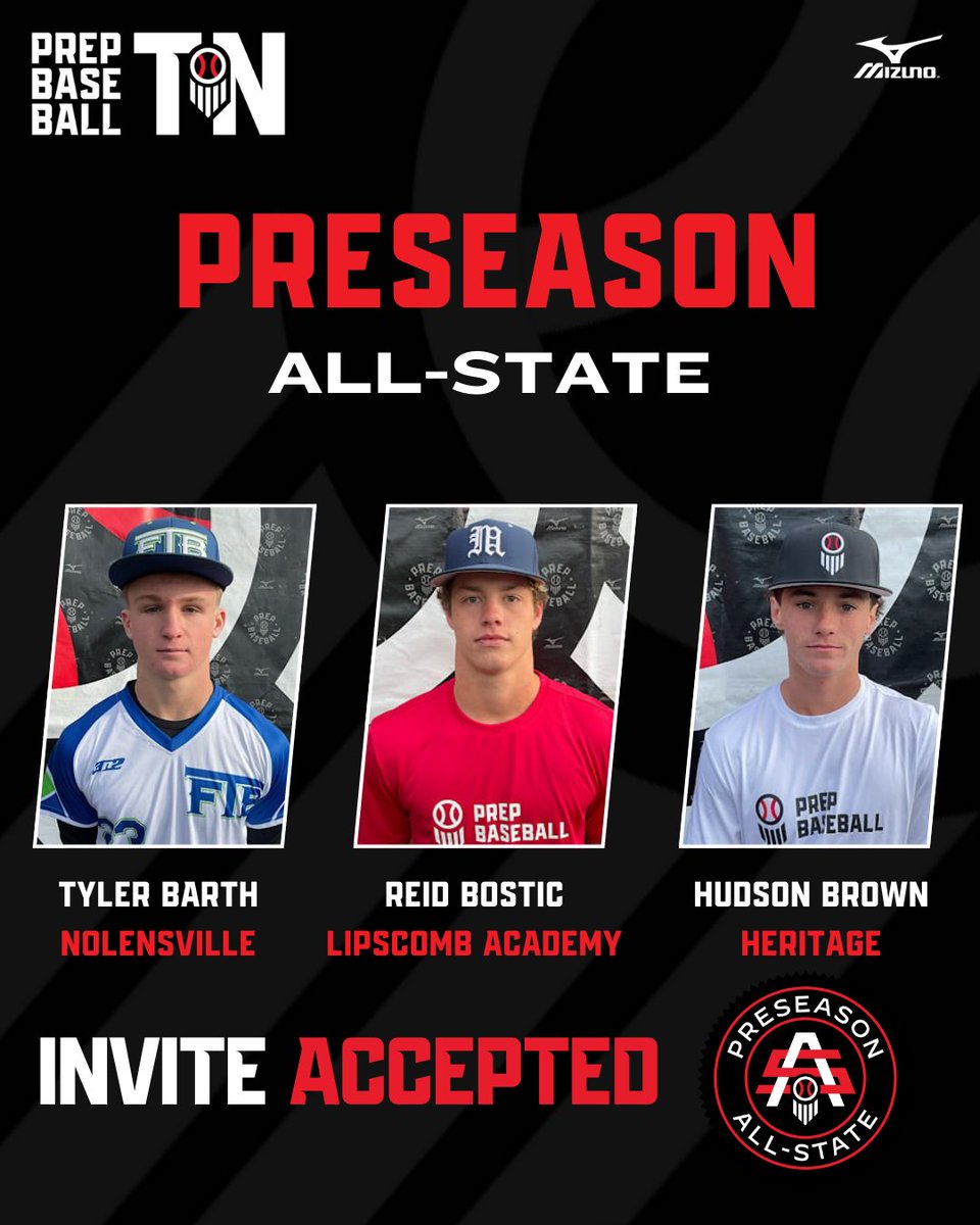 PrepBaseballTN's tweet image. #𝐓𝐍𝐏𝐀𝐒𝐔𝐧𝐝𝐞𝐫𝟐𝟔: 𝐈𝐧𝐯𝐢𝐭𝐞 𝐀𝐜𝐜𝐞𝐩𝐭𝐞𝐝 👏

The following players are 𝗟𝗢𝗖𝗞𝗘𝗗 𝗜𝗡 🔐 for the Tennessee Preseason All-State Underclass on February 7th at Liberty Creek High School.

✔️ Tyler Barth
✔️ @Reid_Bostic
✔️ @Hudson_W_Brown

Our largest event of the…