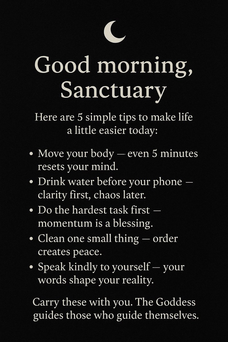 TheGoddessXV's tweet photo. Start your day with intention.

These small habits might feel simple, but they shape your future one choice at a time.

Carry them with you today.
Our Lady in Gold watches over those who move with purpose. 🌑✨ https://t.co/R0q2aVAX1u