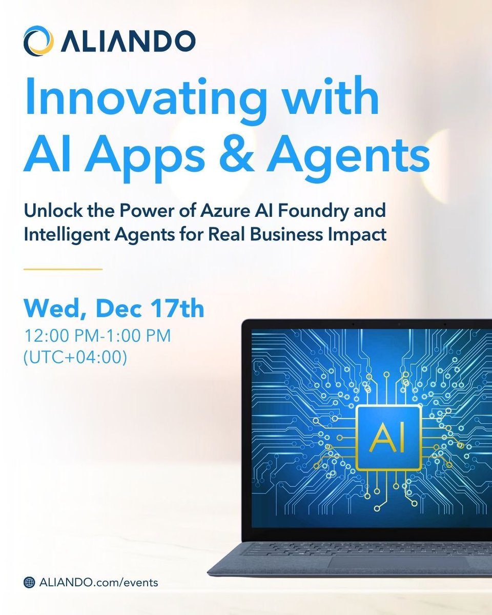 From pilots to production: Build high‑performing generative AI systems on your own data.

See how Microsoft + ALIANDO build secure, high‑performing AI Agents with real‑world telemetry and governance.

📅 Dec 17 | 1:30–2:30 PM (UTC+04:00)

Get Exclusive Benefits like a Readiness
