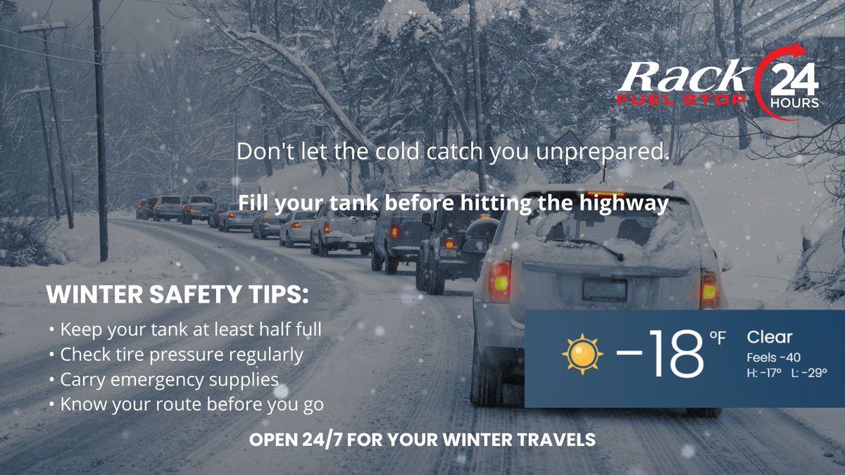 ❄️ FuelGood Friday is here—and so is the -40°C freeze!
Before you hit the highway this weekend, swing by one of our 13 Rack FuelStops. 🚗⛽

We’re prepared because we’re open 24/7—to make sure you’re prepared for the weekend.

Stay warm, stay safe, and FuelGood out there! 🔥