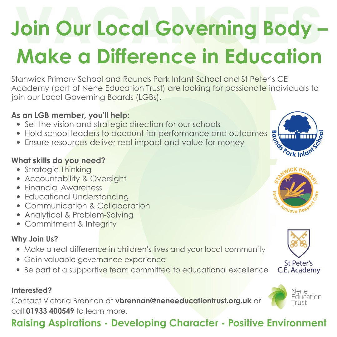 NeneEducation's tweet photo. We are looking for passionate, dedicated and collaborative individuals to join our local governing bodies at Stanwick Primary School and Raunds Park Infants &amp; St Peter's CE Academy @StanwickP @RaundsPark 

#localgovernancevacancies #community #education https://t.co/7vksOpRhtQ